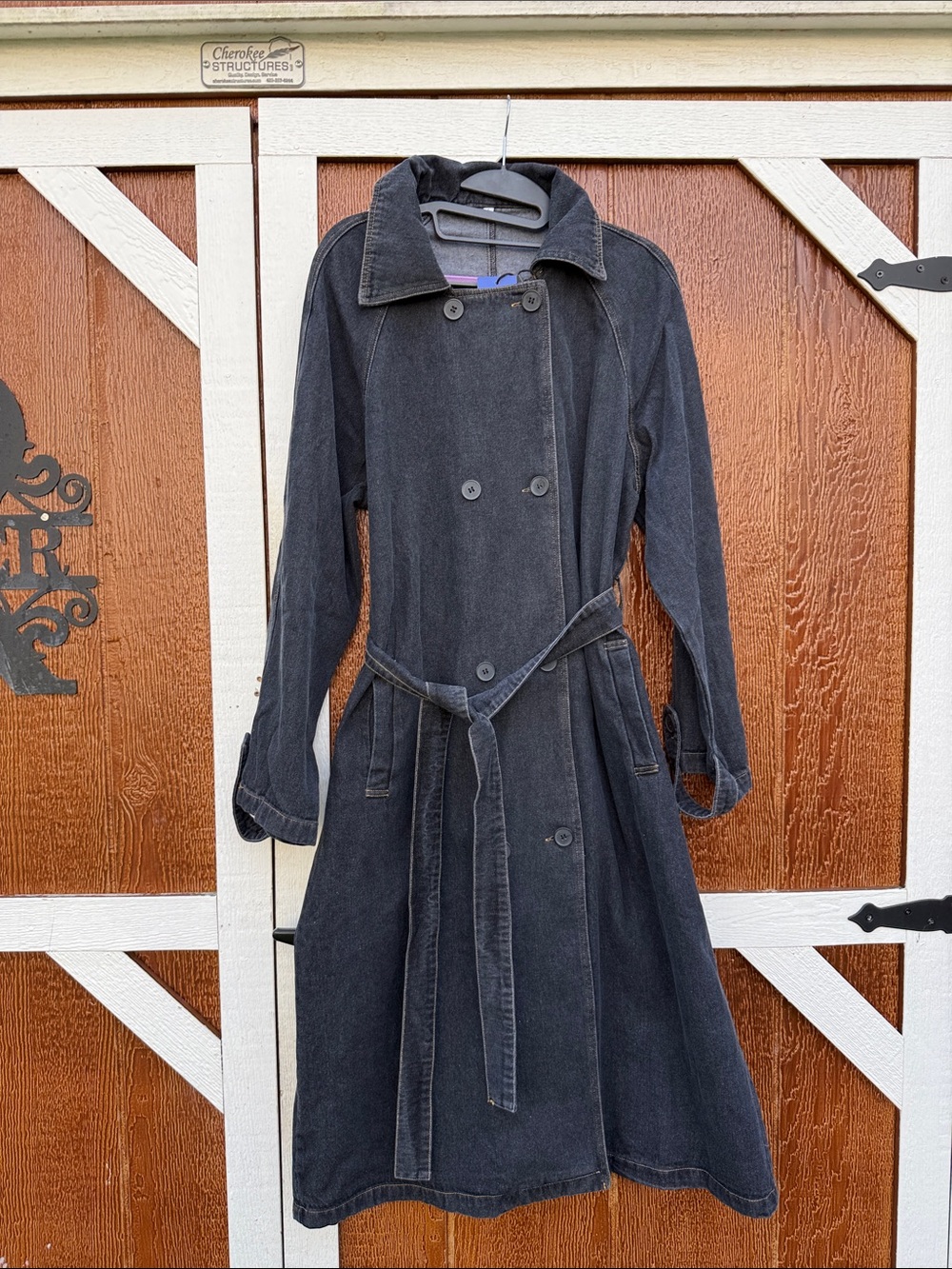 NWT Classic Women's Large Black Double-Breasted Dark Denim Coat & tie